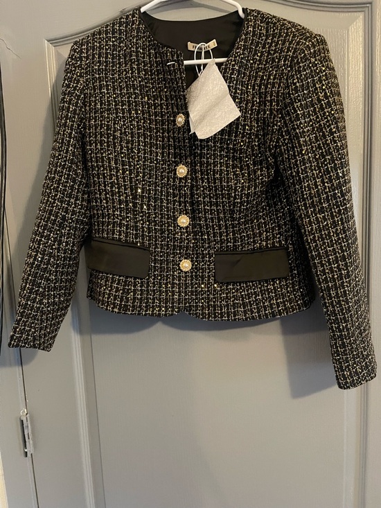 Fehaute Jackets & Blazers - Black Tweed Bomber Jacket with Gold Buttons - Women's